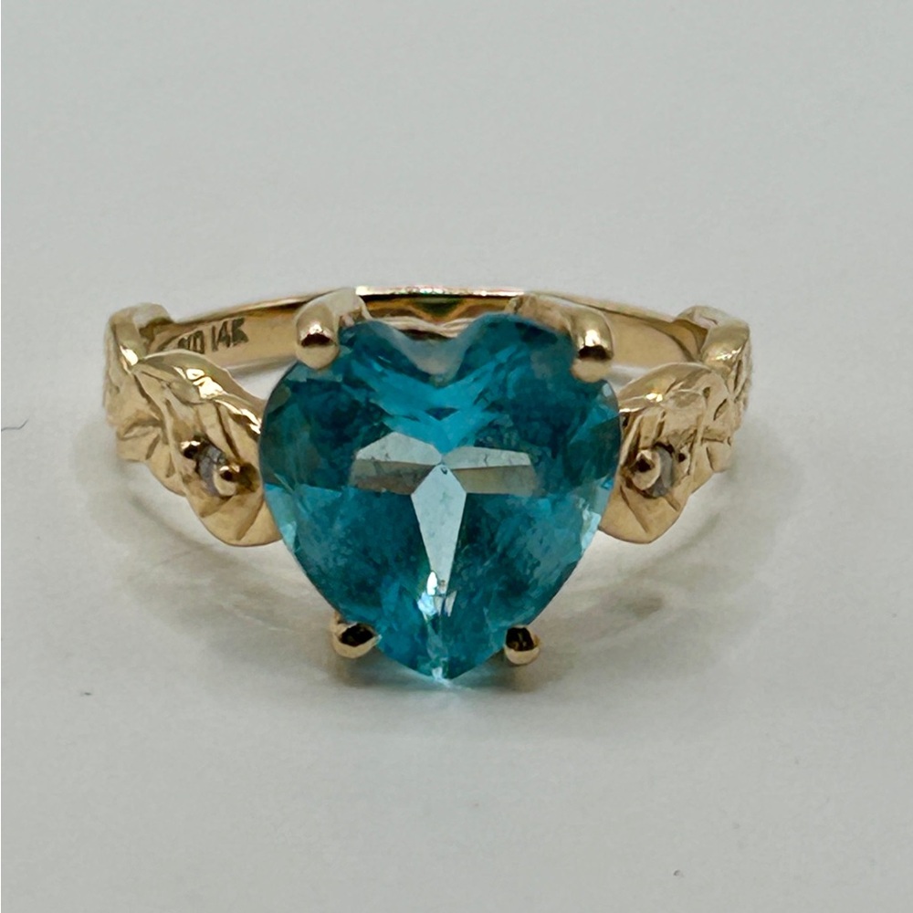 14k Solid Gold Ring Blue Heart 10mm Topaz and Diamond Gemstone - Picture 3 of 13
